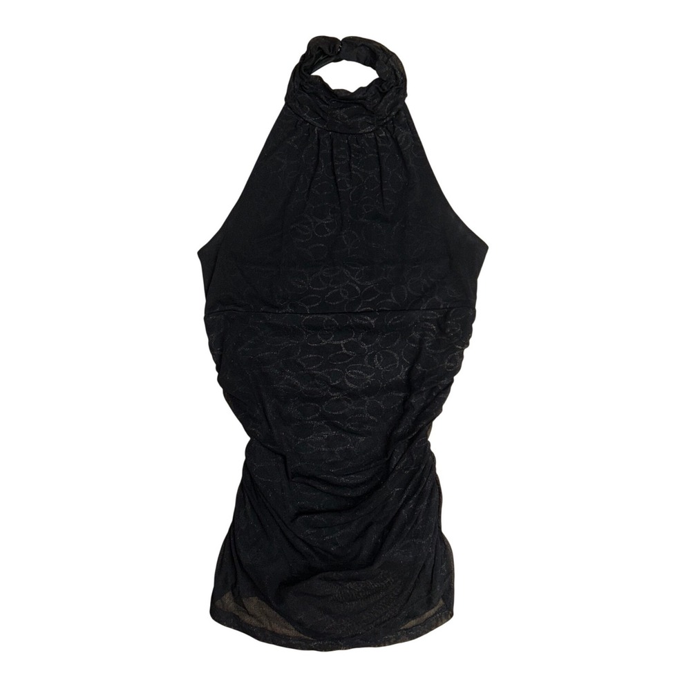 Vintage Express Black Sequin Sparkling Halter Top Mock Neck Ruched Blouse Medium